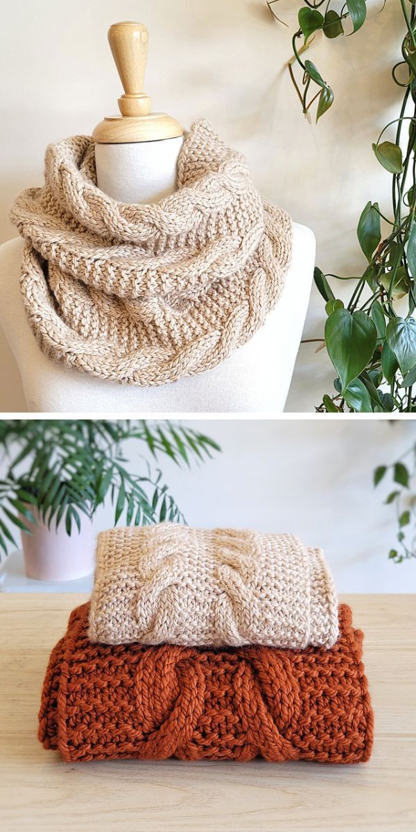 cabled knitted cowl in cream and brown color