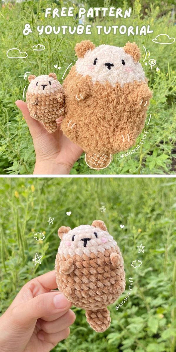 two crocheted beaver amigurumi held by a person in hand