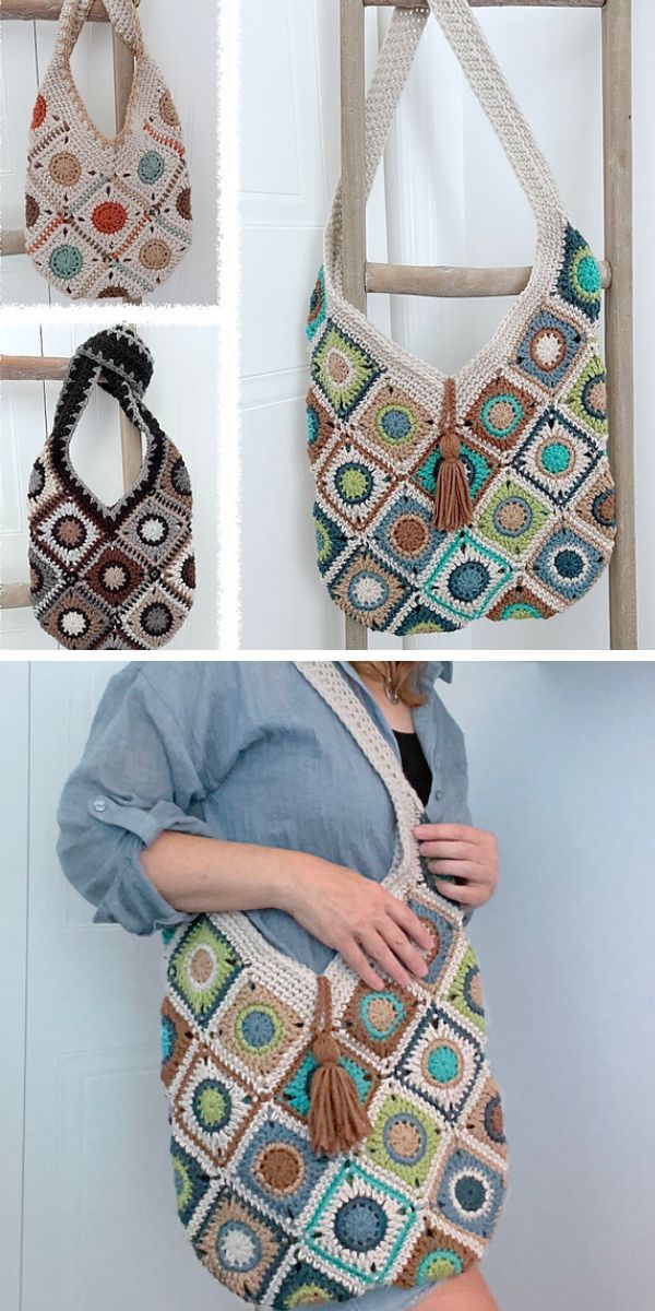 crocheted tote bags hanging on wooden racks