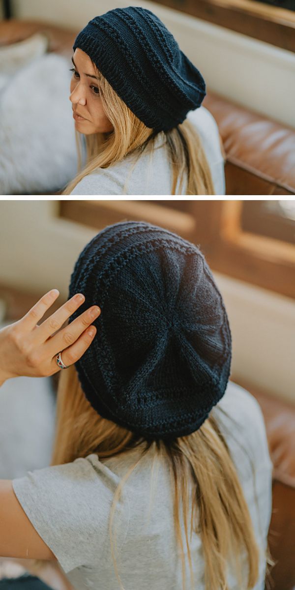 woman wearing knitted slouch hat in dark color