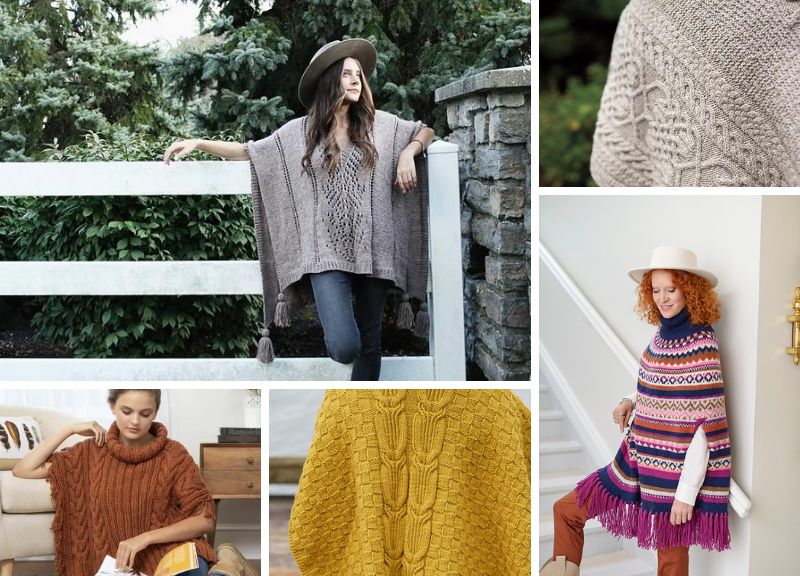 five warm and cozy knitted ponchos of different colors on women