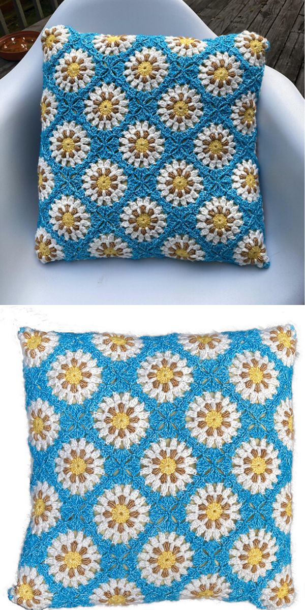 a flower cushion made with crochet granny squares
