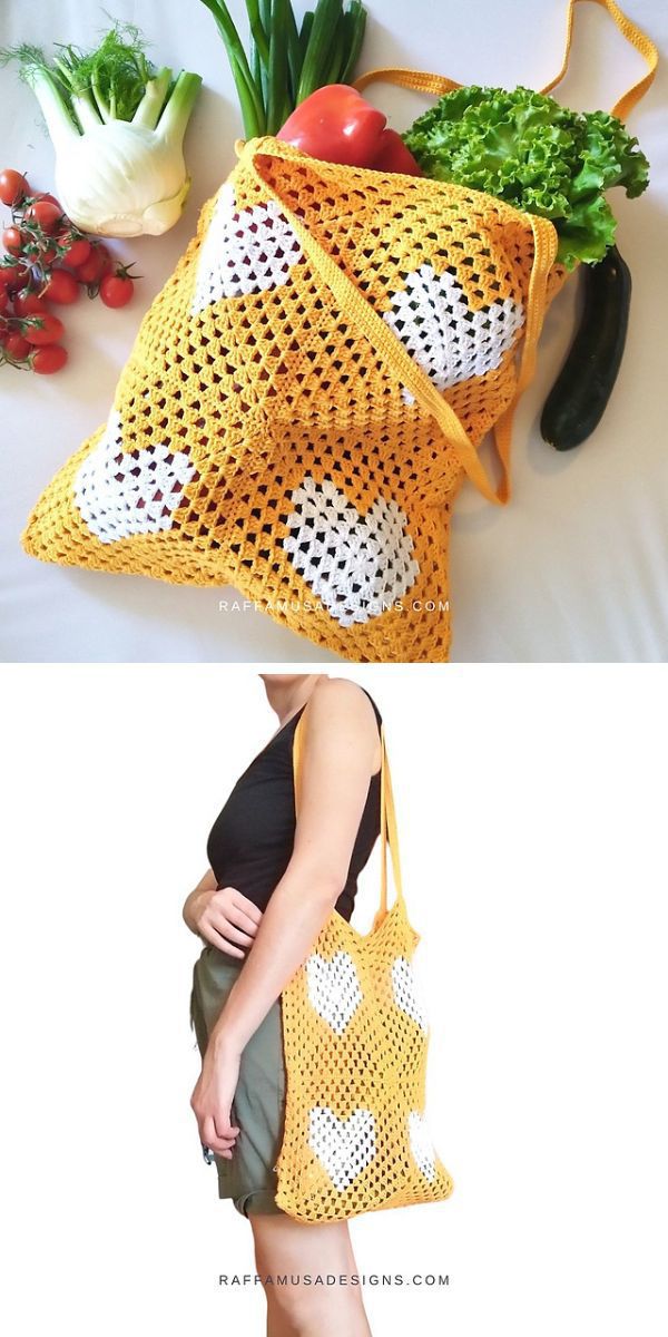 crochet market bag in granny heart squares