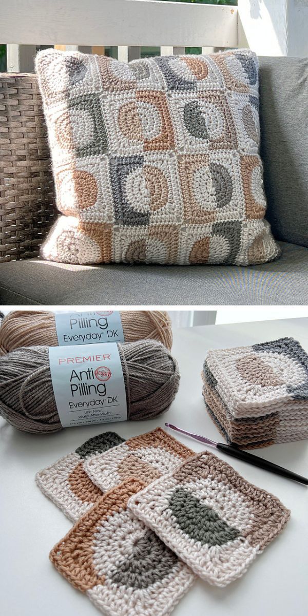 a crocheted pillow on a sofa