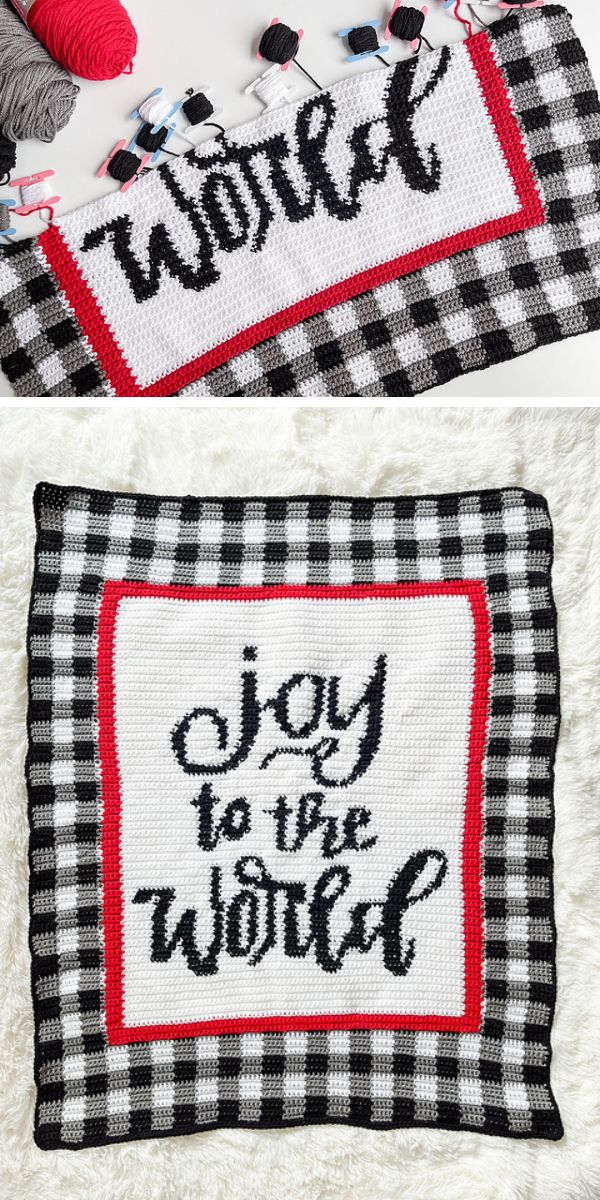 a crocheted plaid blanket with Joy to the World inscription