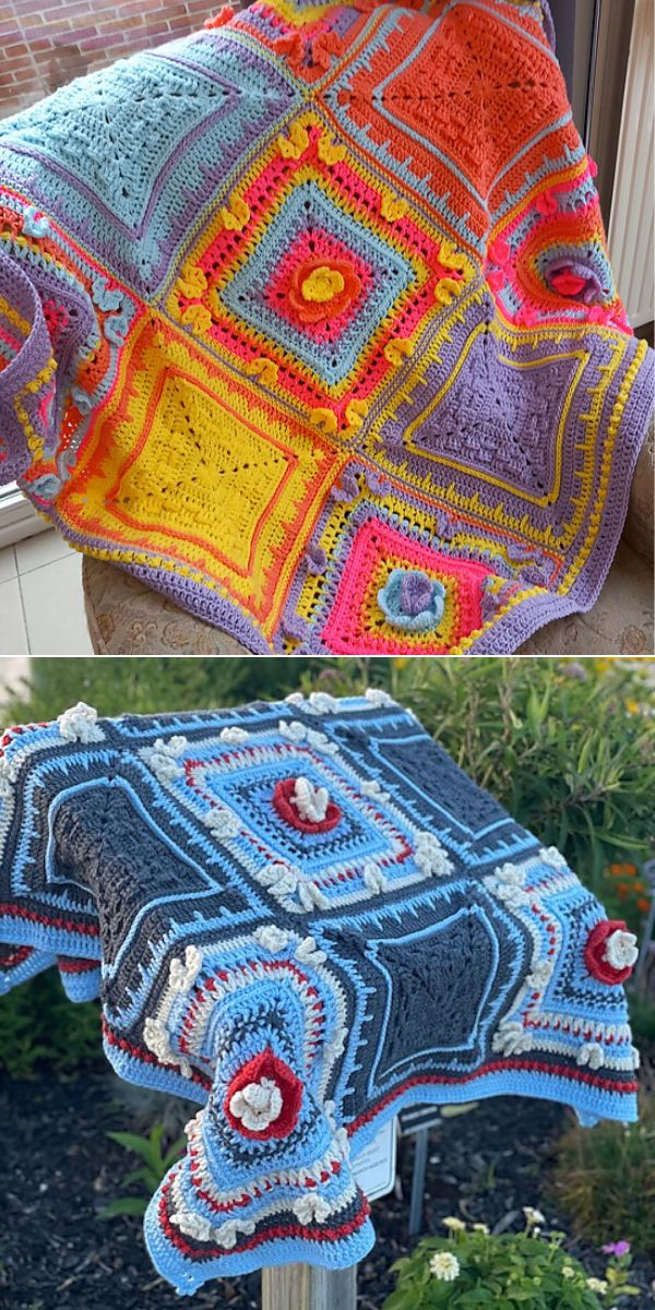 a crocheted granny squared blanket with flower motif on an armchair