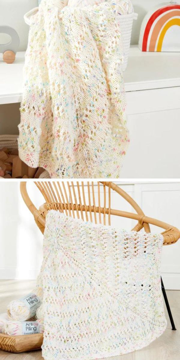 a knitted lace baby blanket hanging on a basket and a chair