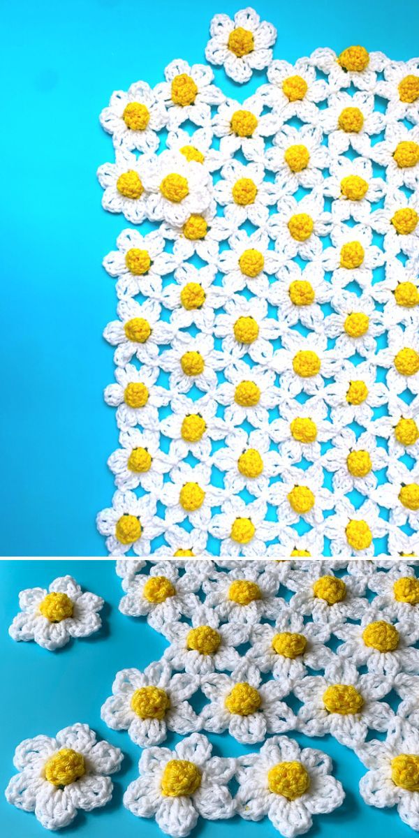 a crocheted blanket consisting of crochet flower daisies