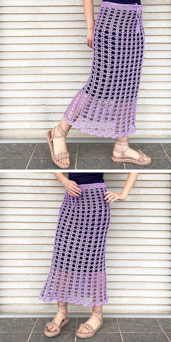 a woman wearing a crochet skirt in purple color