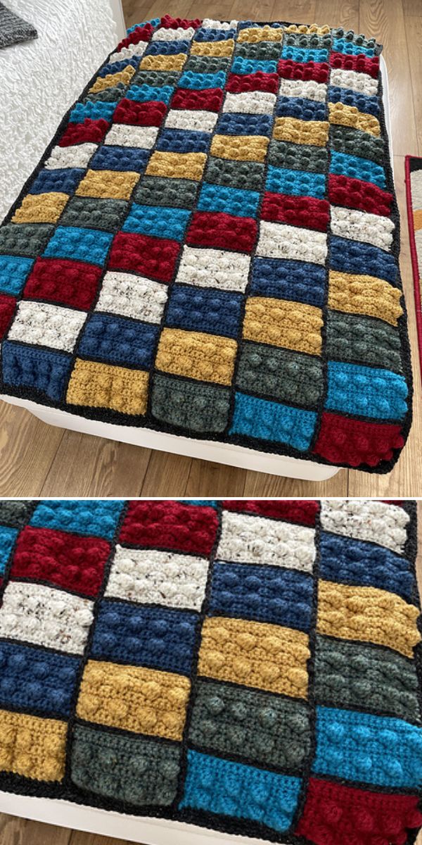 a blanket made with colorful crochet lego bricks