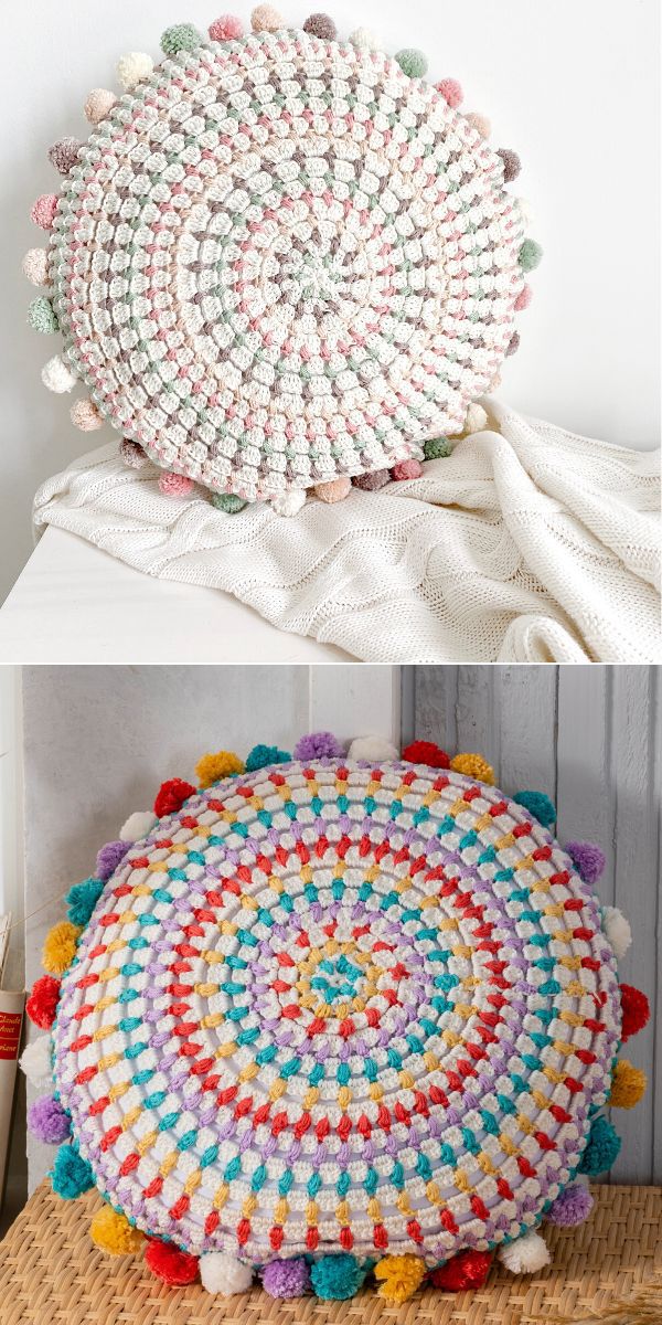 a crocheted cushion with mandala design