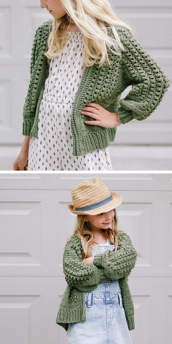green and chunky crochet cardigan for children