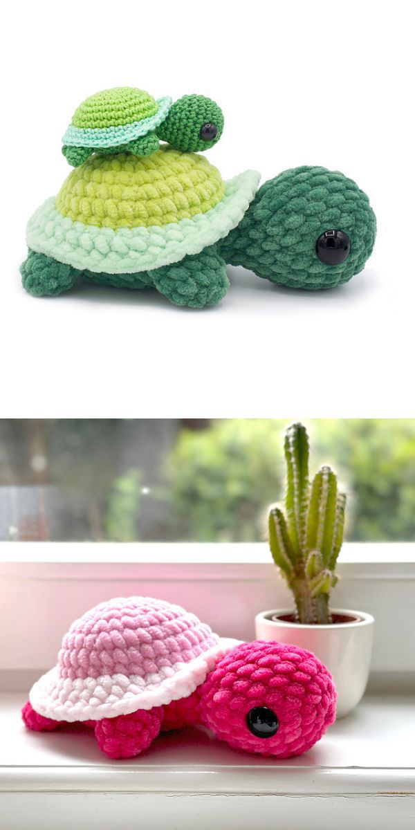 three crocheted amigurumi turtles in green and pink color