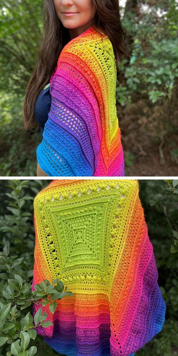 neon-colored square crocheted shrug