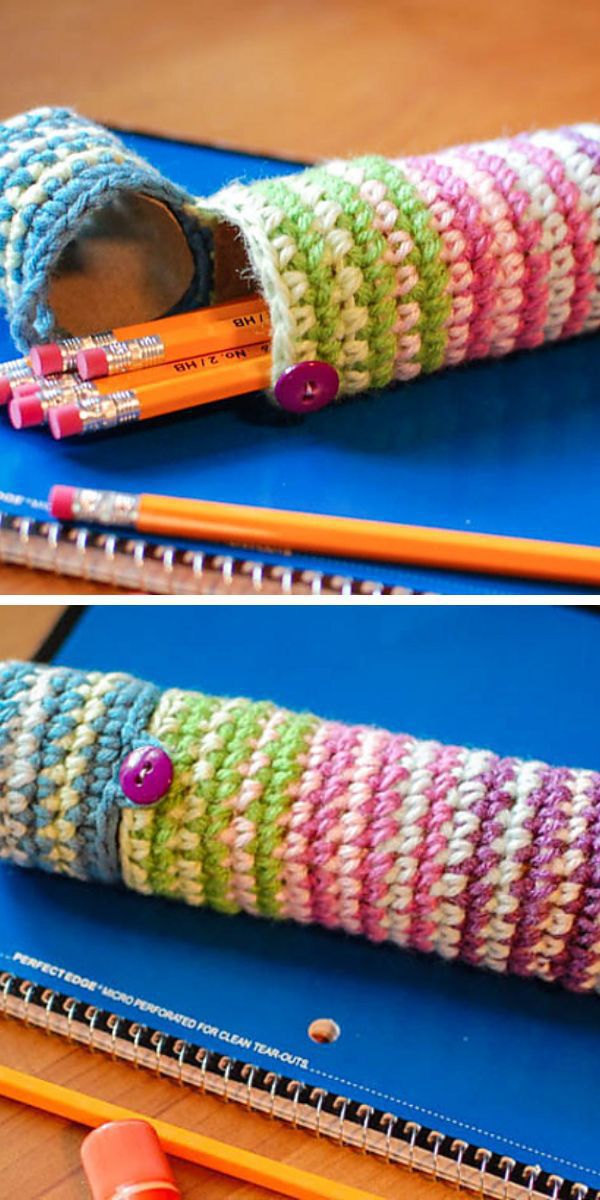 a crocheted pencil case with pencils inside it