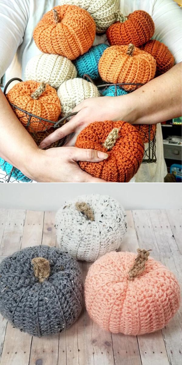 a person holding a group of crocheted pumpkins