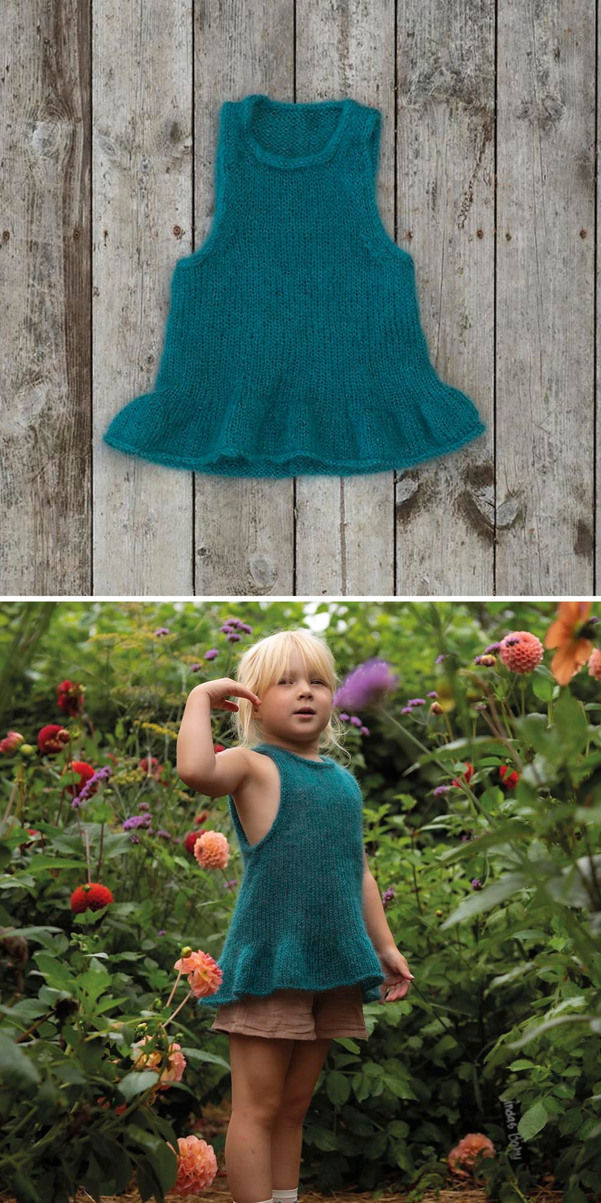 A teal sleeveless knitted top with a ruffled hem, shown laid flat on wood and worn by a child standing in a flower garden — perfect for pairing with knitted dresses for baby girl.
