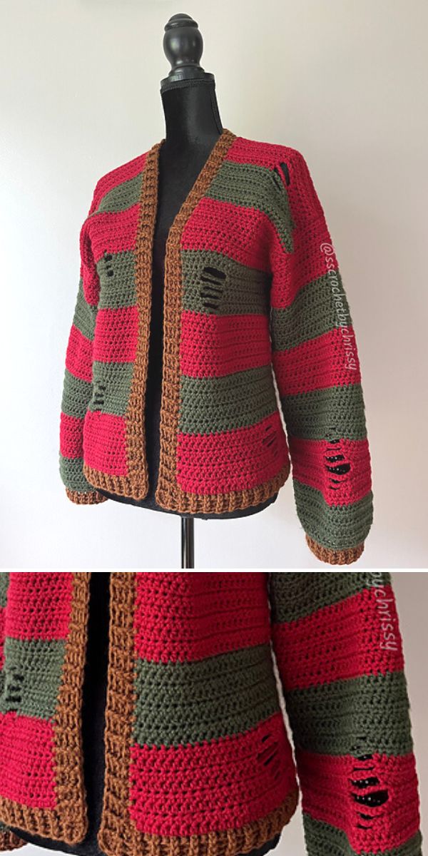 red and green grunge-style crochet cardigan