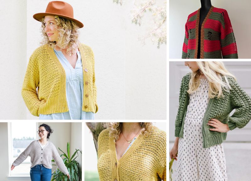 five different style crochet cardigans on women