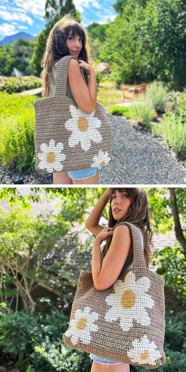 a woman wearing a crocheted tote bag with a flower daisy motif