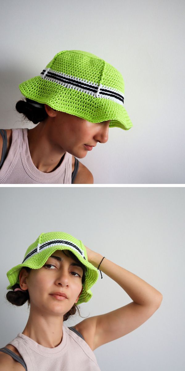 bright green bucket hat on a woman