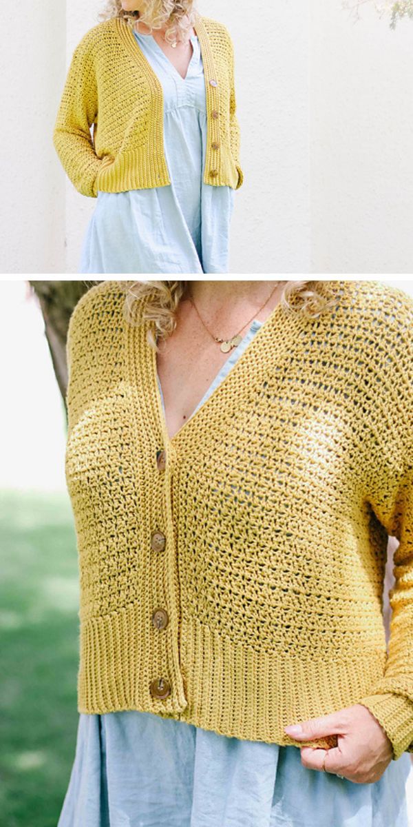 yellow lightweight crochet cardigan on a woman