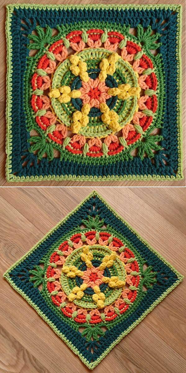 a crochet square in green red and yellow shades with flowery design and many details