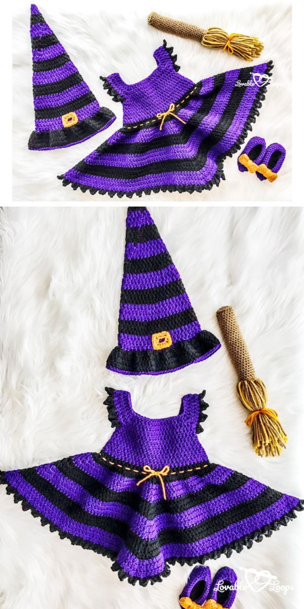 purple and black crochet witch costume for a girl that consists of a dress a hat booties and a broom