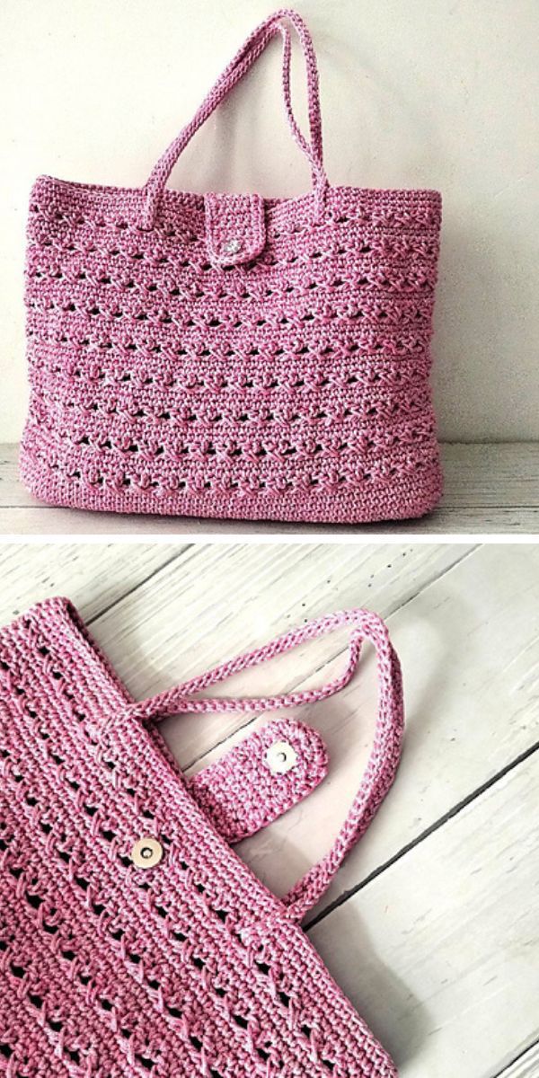 a pink crochet tote bag with openwork texture and button closure