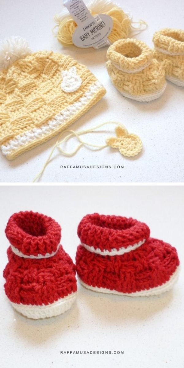 yellow set with crochet baby set and booties and red baby booties make with basketweave stitch