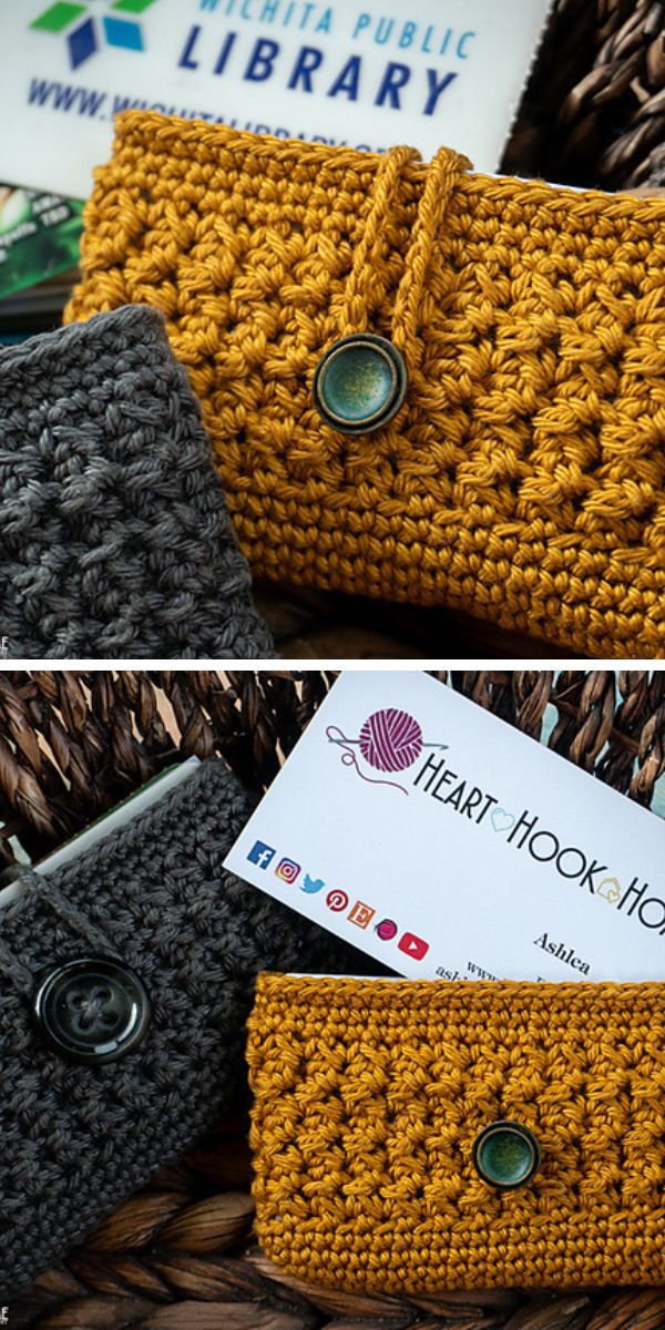 mustard yellow crochet cardholder with a button fastening