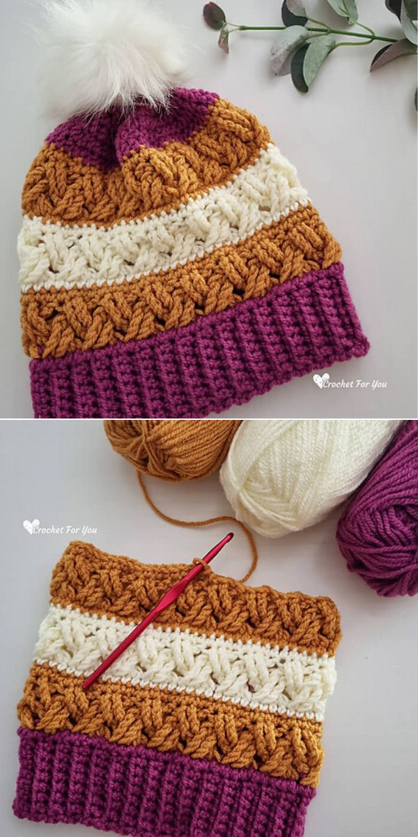 a crochet beanie with a furry pompom featuring a striped design in purple, orange and white color