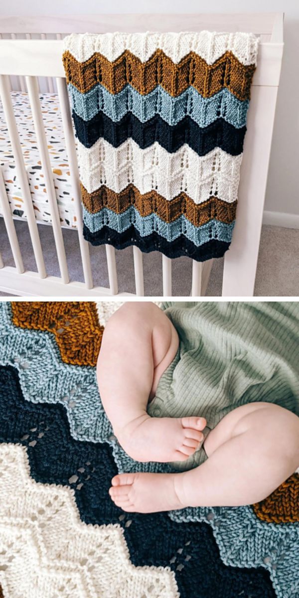 chevron knitted baby blanket on a cradle