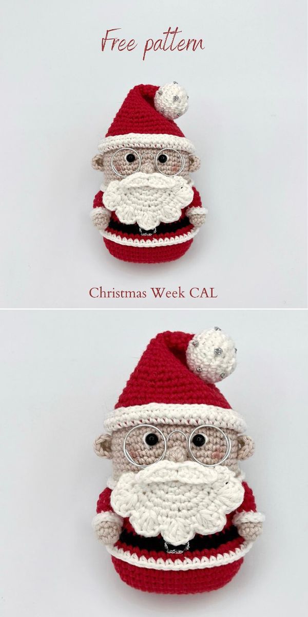 a crochet Santa Claus amigurumi with glasses