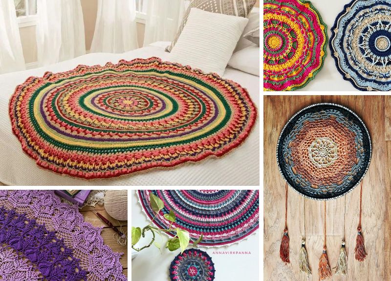 four crochet mandala projects and one crochet dream catcher