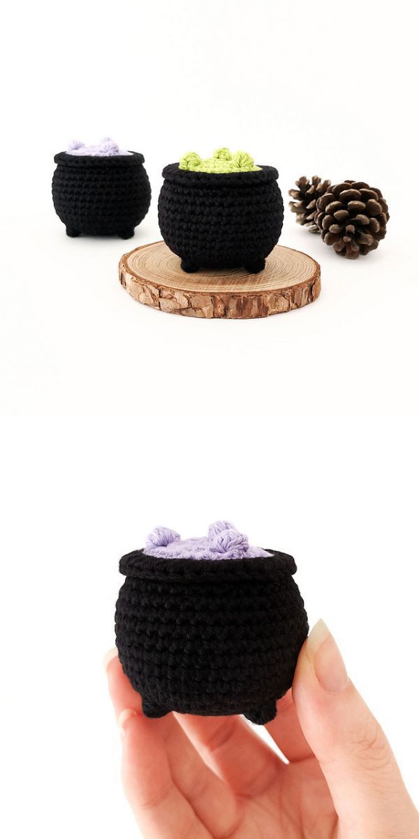 two black crochet cauldron amigurumi 