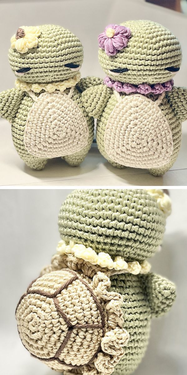 two turtle crochet amigurumi with a flower on their heads