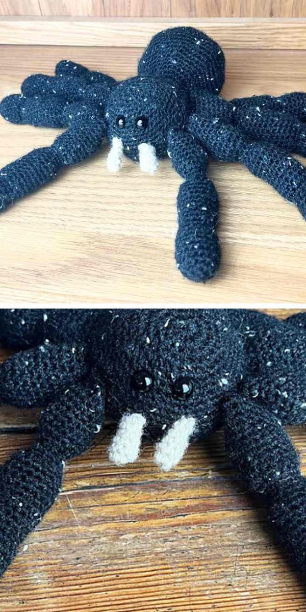 a crochet black spider amigurumi