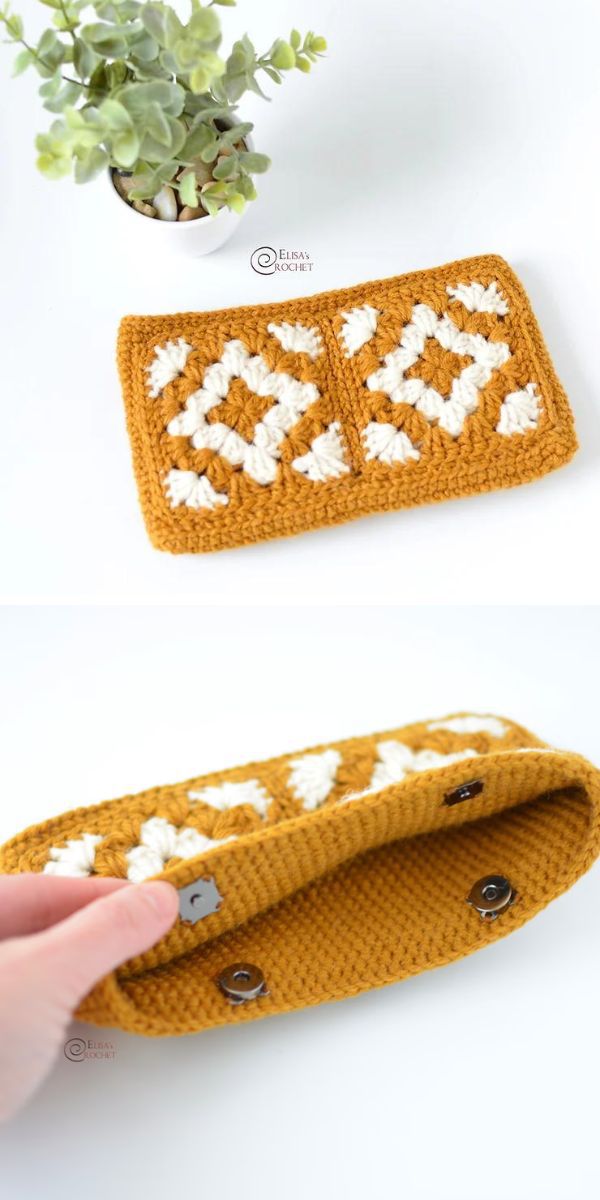a mustard crocheted pouch made with diamond crochet squares