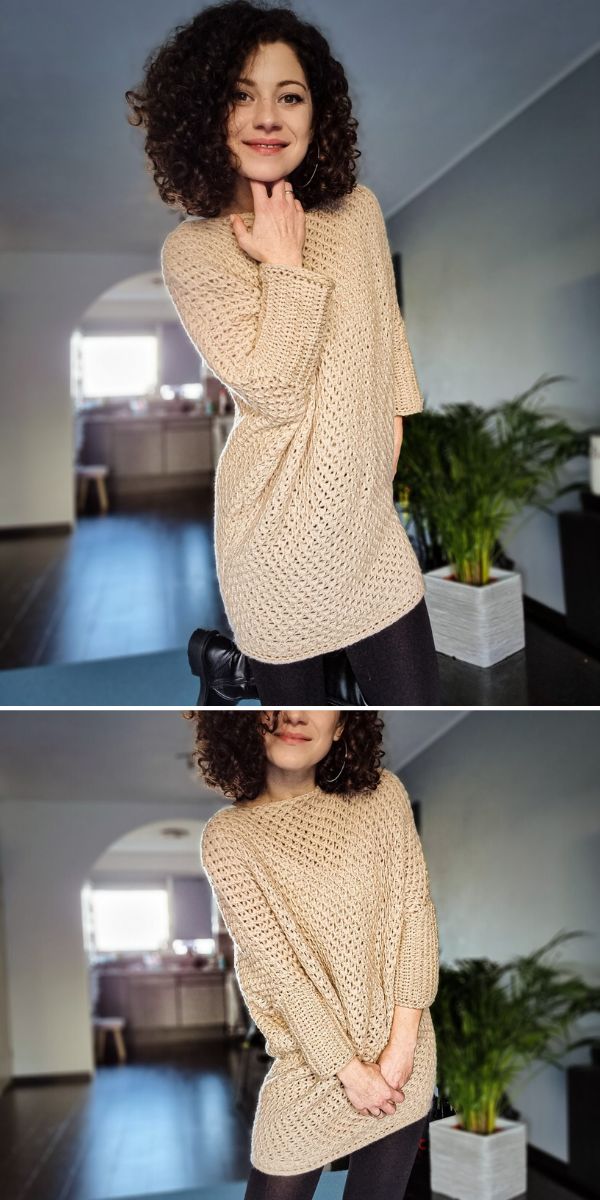 beige crochet long sleeved sweater dress on a woman