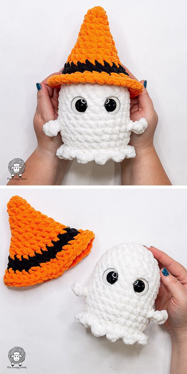 a white crochet ghost amigurumi with an orange pointy hat