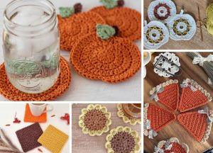 autumn crochet coasters in five different designs