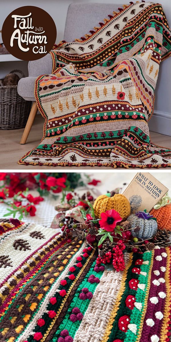 colorful crochet blanket cal with autumn motifs