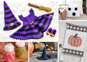 five decor ideas by Halloween crochet patterns i.e. baby witch costume and ghost pillow and pumpkin mug cozies and witch hat and pumpkin wall hanging