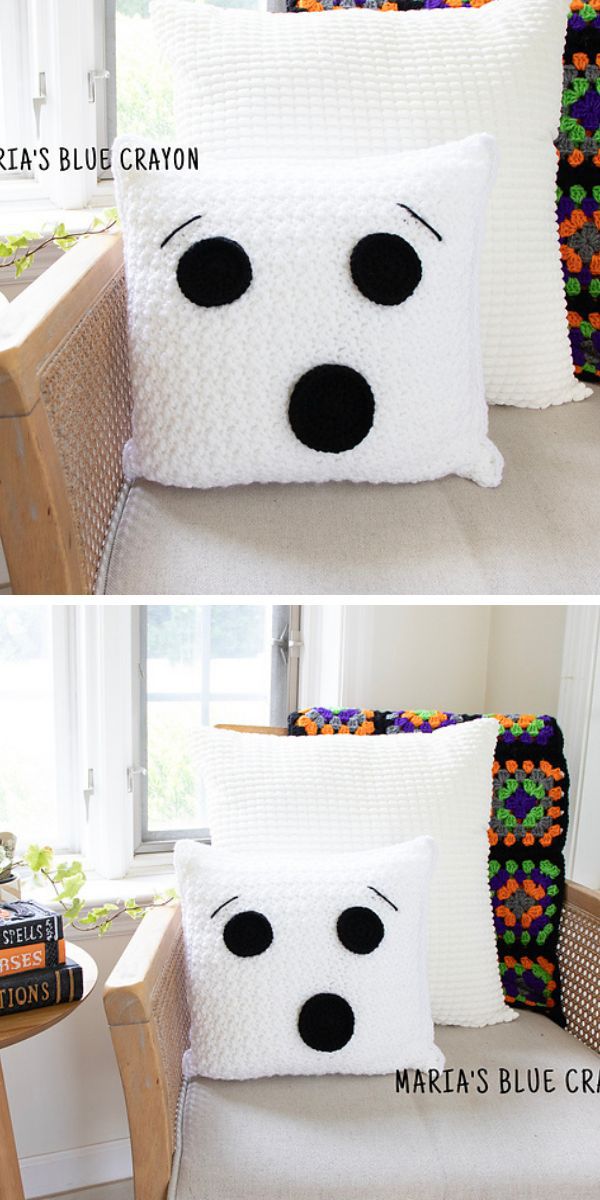 white crochet pillow with eyes and mouth that resembles a ghost
