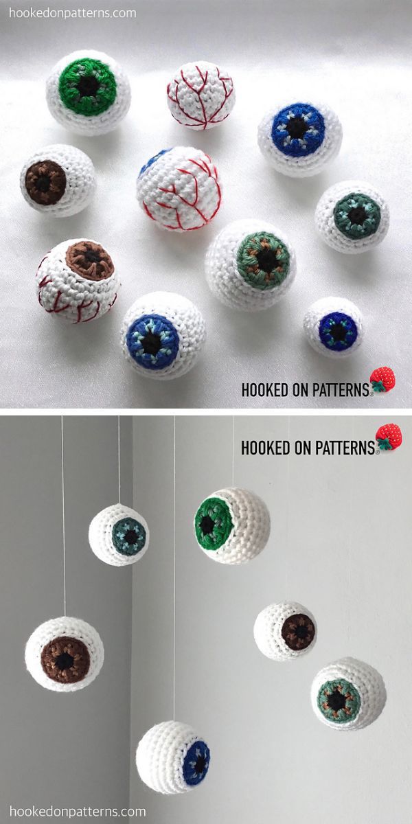 a set of crochet amigurumi eyeballs