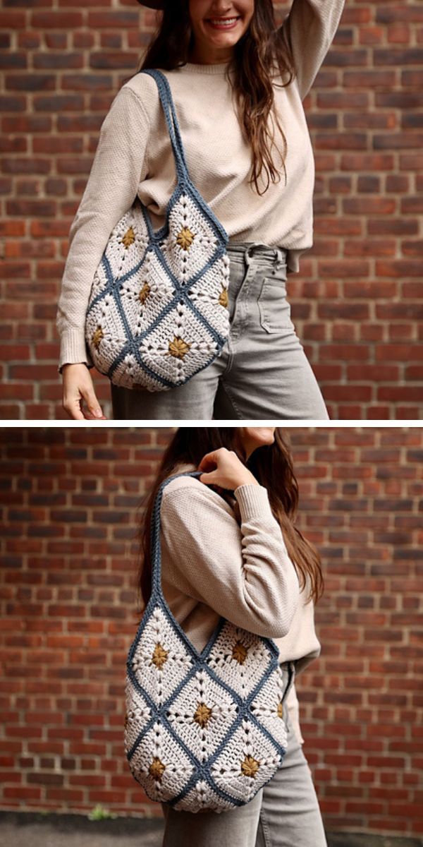 a woman with crochet market tote made with crochet granny squares in white color with yellow center and blue sides