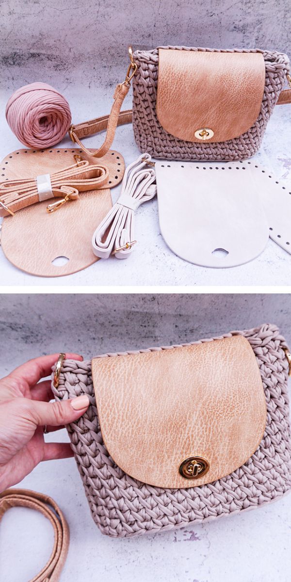 a crochet purse with a leather front and strap
