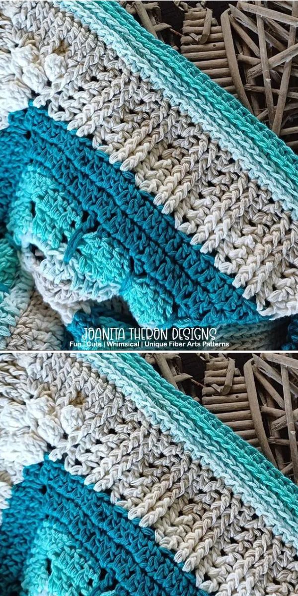 a part of blue crochet throw with a rich texture