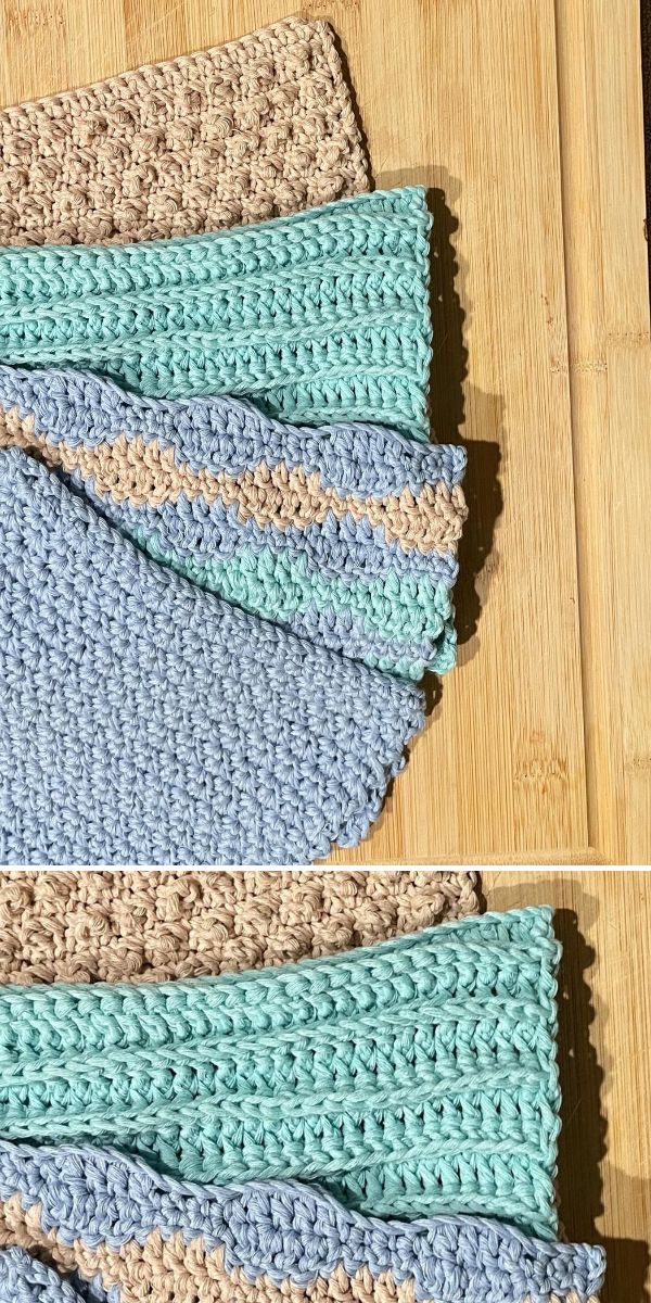 four crochet dishcloths in different designs laying on the wooden table